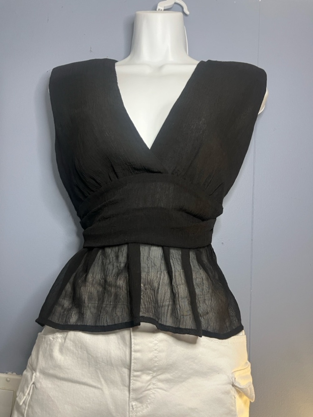 Black V-Neck Peplum Sleeveless Top